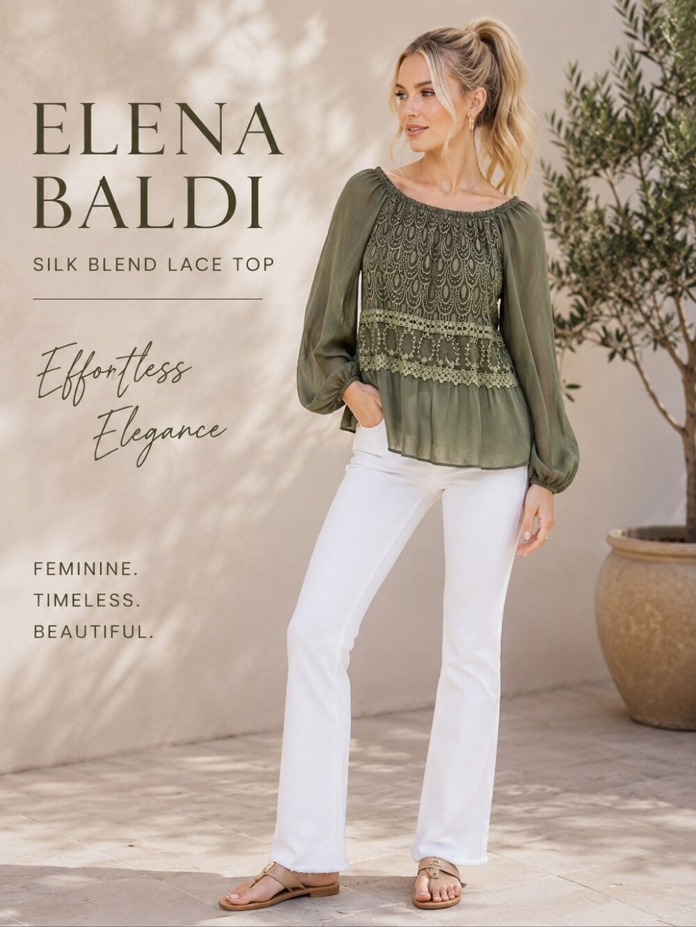 ELENA Baldi Silk blend Boho long sleeve lacey details Blouse Sz M